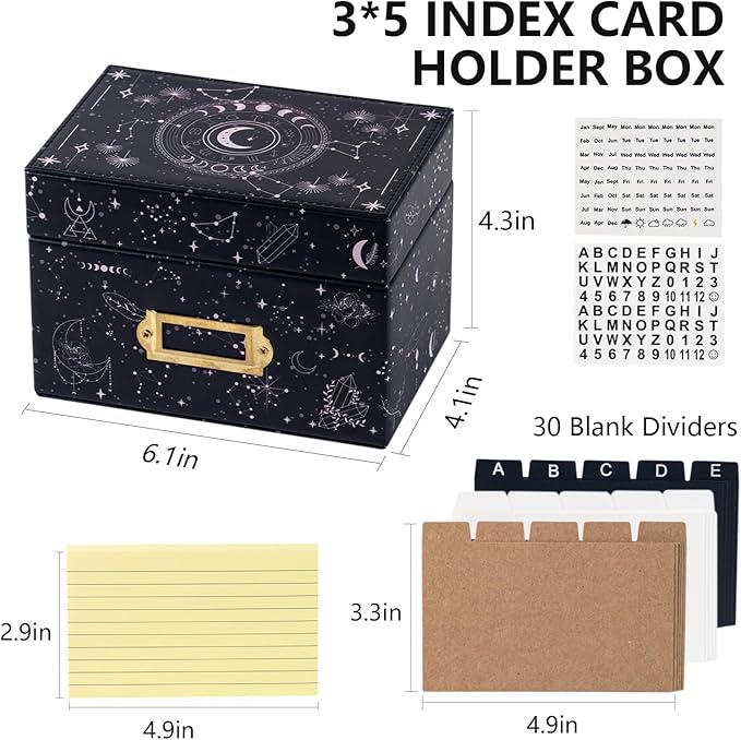 3x5 Index Card Holder, Leather Organizer Box with 300 Flash Cards, 30 Plastic Dividers & 2 Letter Stickers,Flash Recipe Card Holder Box for Home Office Kitchen (Index Card Holder-C)