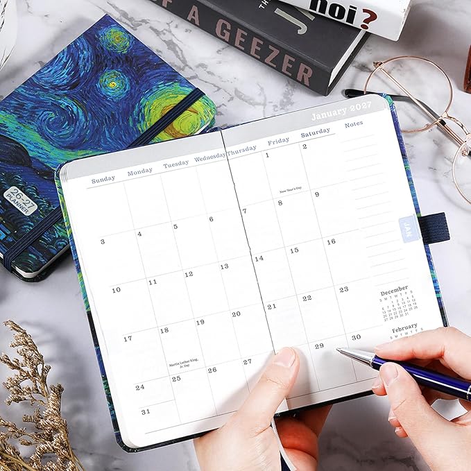 2026-2027 Pocket Planner/Calendar - 2026-2027 Calendar Weekly and Monthly from July 2026 - June 2027 with Spreads, 3.8" x 6.3", Pen Holder, Inner Pocket, Elastic Closure