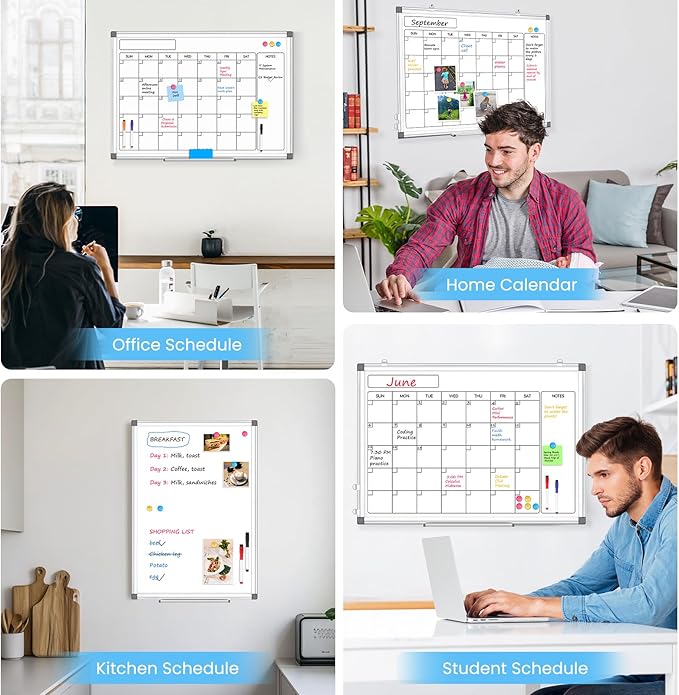 Monthly Calendar Dry Erase Whiteboard for Wall, 30" x 20" Double-Sided Large Calendar White Board, Magnetic Portable Hanging Board for Office, Home, School