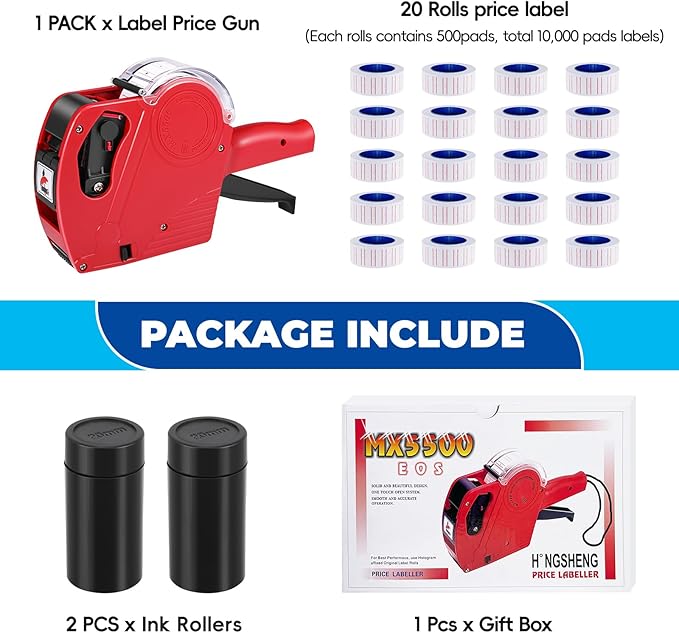 Price Gun,Handheld Price Tag Gun Red Pricing Gun with Extra 10,000 Pad Labels and 2 Pack of Inks Price Guns Tool Set for Retail, Price Stamp for Groceries Price Labeling