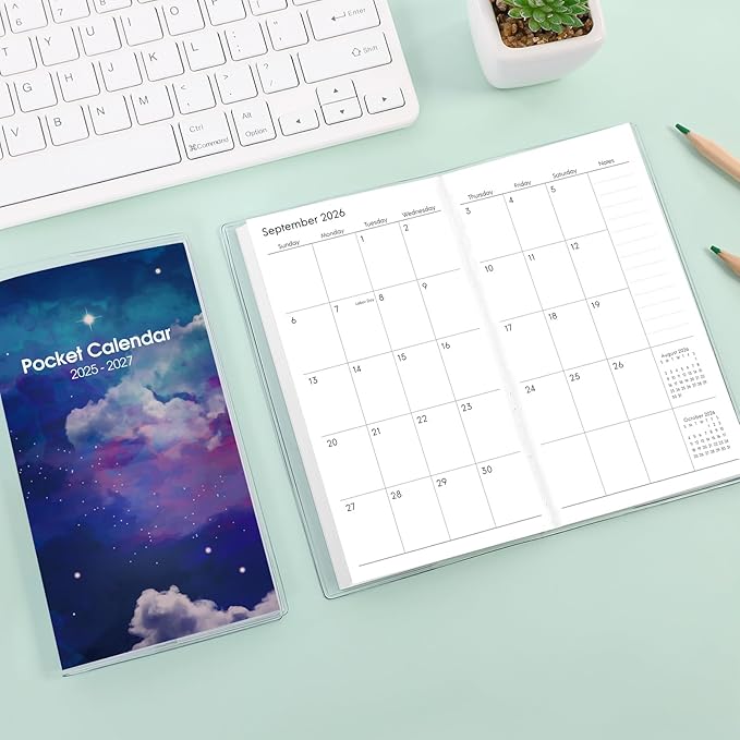 Phyxin Pocket Calendar 2025-2027, Two Year Pocket Planner - Runs From Jul 2025 Until Dec 2027, Small Size Planner - 6.7" x 3.7", Small Calendar for Easy Organizing, Sky