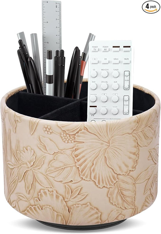 Round Leather Art Supply Organizer,Remote Control Holder,360 Degree Spinning,Multi-Functional Pencil Holder,4 Compartments Desktop Stationary Organizer(1-Carved Light Brown)