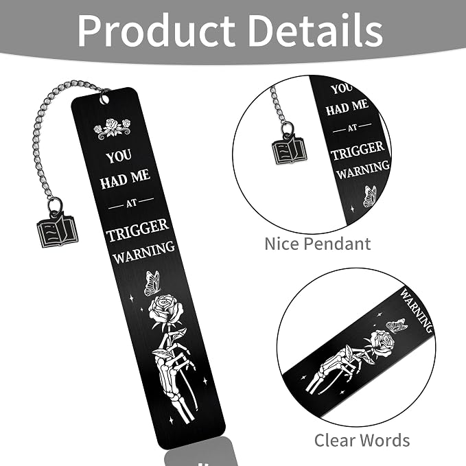 Dark Romance Bookmark Gift for Women, Gothic Book Merch Metal Black Bookmark with Rose Skeleton Hand Charm, Reading List Accessory for Book Lovers, Gift with Box