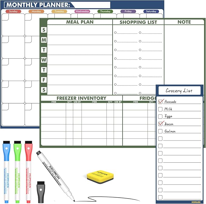 HOMiDEK Magnetic Dry Erase Calendar for Refrigerator, Fridge Whiteboard Calendar Magnet Meal Planner Menu Board with Magnetic list, Dry Erase Markers and Eraser - 14 x 11 Inches