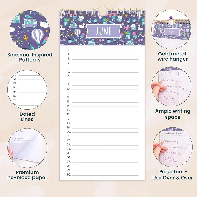 bloom daily planners Perpetual Hanging Flip Calendar - 5” x 10” - Monthly Wall Organizer Notepad for Important Dates, Birthdays, Anniversaries - Holiday Icons