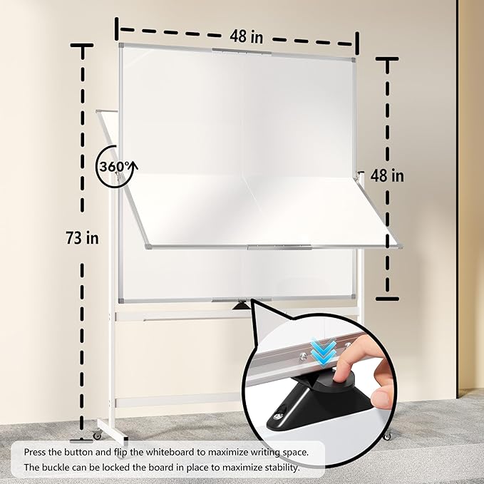 Large Rolling Whiteboard on Wheels, 48" x 48" Double-Sided Mobile White Board with Stand, 4' x 4' Portable Standing Magnetic Dry Erase Board Easel for Home Office Classroom School, Silver
