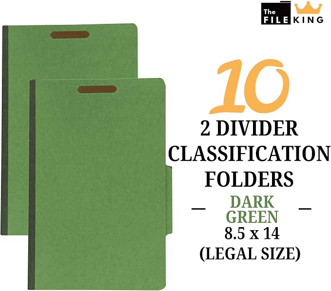 The File King Pressboard Classification Dark Green Partition File Folder | Legal Size - Box of 10 | Two Dividers | Six 2” Durable Fastener Prongs | 2/5 Cut Top Tab | 2” Expansion