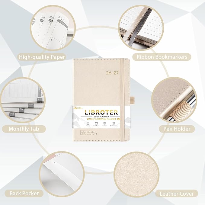 2026-2027 Planner - Academic Planner 2026-2027 Weekly Monthly Planner, July 2026 - June 2027, 5.7'' x 8.4'', Thick Paper, Leather Cover, Pen Holder, Back Pocket, Perfect Daily Organizer - Off-white