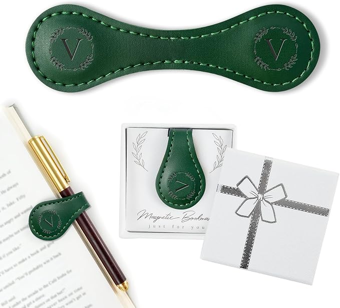 Personalized Leather Magnetic Bookmark with Pen Holder – Custom Initial Design for Readers（Green-V）