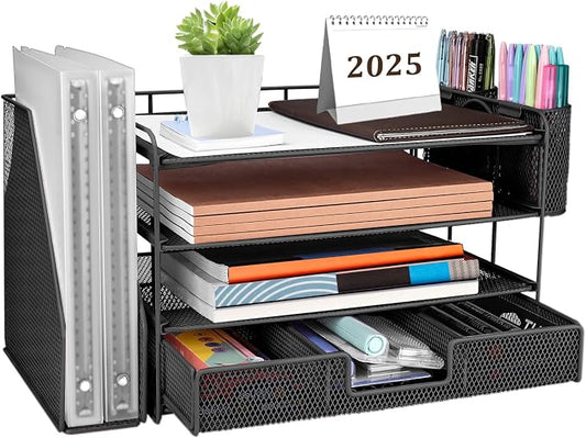 ATOMUS 4 Tier Desk Organizer, File Organizer Drawer Organizer with 2 Hanging Pen Holders Accessories & Workspace Organizers for Office Supplies Pull-Out Design (Black)