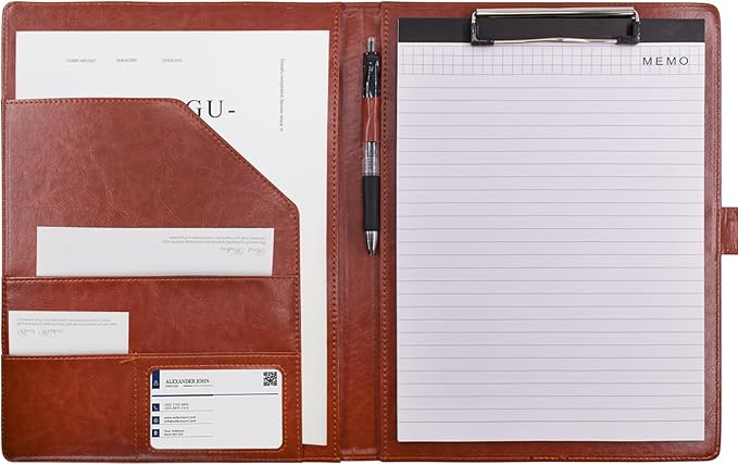VANRA Padfolio Clipboard Folder Leather Portfolio Binder Organizer Interview Resume Folder for Papers Legal Document A4 Letter Size Writing Pad Notepad Clip Boards with Business Card Holder (Brown)