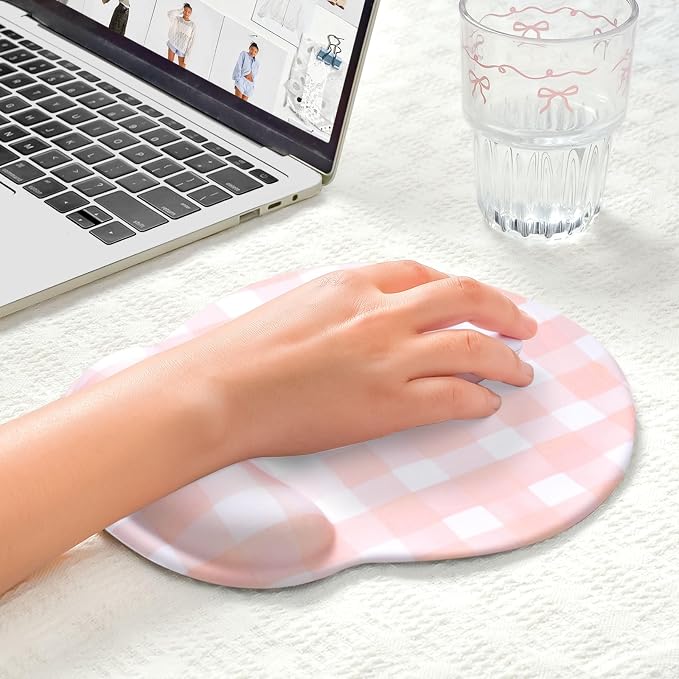 Retro Checkered Mouse Pad with Support Wrist Rest,Cute Funny Boho Ergonomic Mouse Pad with Non-Slip Base for Office Gaming Working Computers,Desk Accessories Pain Relief,Pink