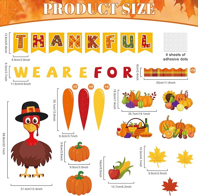 gisgfim 59 Pcs Thanksgiving Turkey Bulletin Board Set We Are Thankful Autumn Fall Thanksgiving Classroom Decorations Pumpkin Maple Leaves for Cutouts for DIY Craft Harvest School Home Wall Decorations