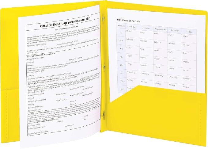 Smead Poly Two-Pocket Folder, Three-Hole Punch Prong Fasteners, Letter Size, Yellow, 6 Count