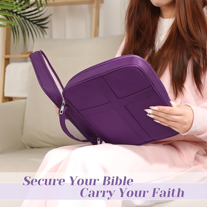 XKDOUS Bible Cover, Large Bible Bag with Durable Handle, Cross Design Waterproof Bible Case with Bible Study Supplies, Christian Gift for Mom, Women and Men (Purple)