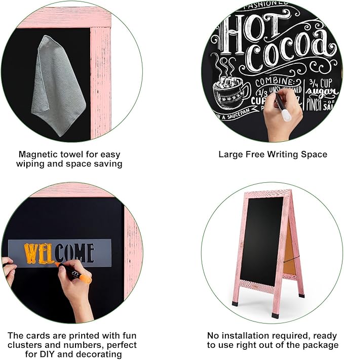 Large Sandwich A-Frame Chalkboard Sign - 40 x 20 Inches Pink Magnetic Wooden Chalk Board for Sidewalk, Stand up Double-Sided Outdoor Easel Display for Restaurant Cafe Shop Wedding Party or Business