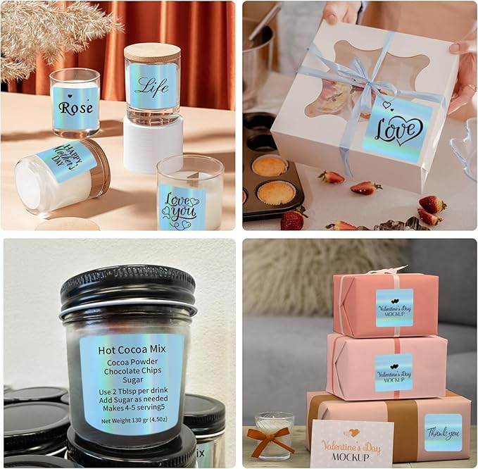 Square Thermal Labels Stickers 3" x 3", Holographic Thermal Stickers Labels, Glitter Self-Adhesive Direct Thermal Label for Small Business- Holographic Blue