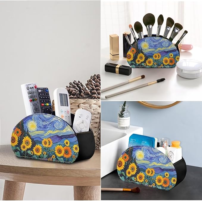 Starry Night Sunflower Office Desk Organizers with 5 Compartments, Remote Control Holder Desktop/TV Stand/Couch Accessory,for Controllers/Media Players/Eyeglasses Storage