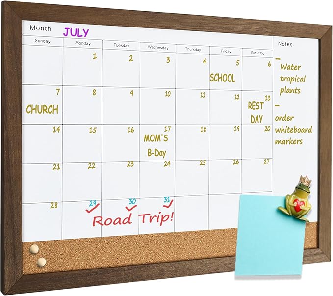 Dry Erase Calendar Whiteboard for Wal, Small Combination Dry Erase White Board & Bulletin Board, 10.5" x 14.5" Rustic Brown Framed Calendar/Cork Combo Board(ZHYL-RB-2737)
