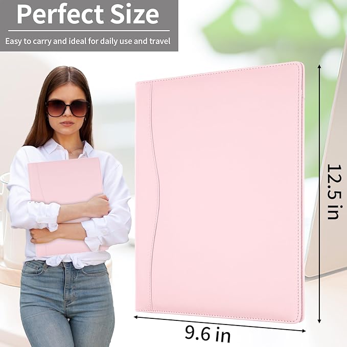 MOWPOG Professional Padfolio Portfolio Binder, Faux Leather Interview Resume Folder, Letter Size A4 Legal Writing Pad Holder, Document Organizer for Business School Office Conference (Pink)