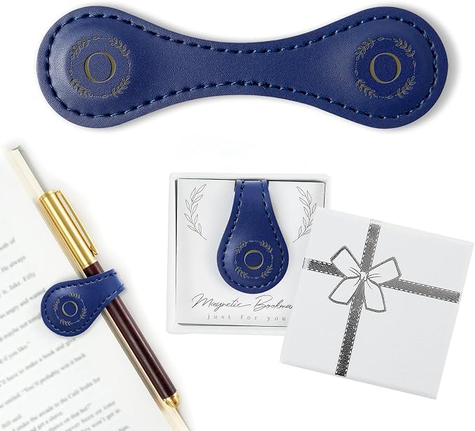 Personalized Leather Magnetic Bookmark with Pen Holder – Custom Initial Design for Readers（Blue-O）