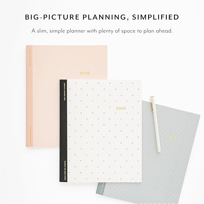 Sugar Paper 2026 Monthly Planner, January to December, 8" x 10", Calendar for Women, Flexible Matte Paper Cover, Fabric Tape Stitch Binding, 12 Month, Black Swiss