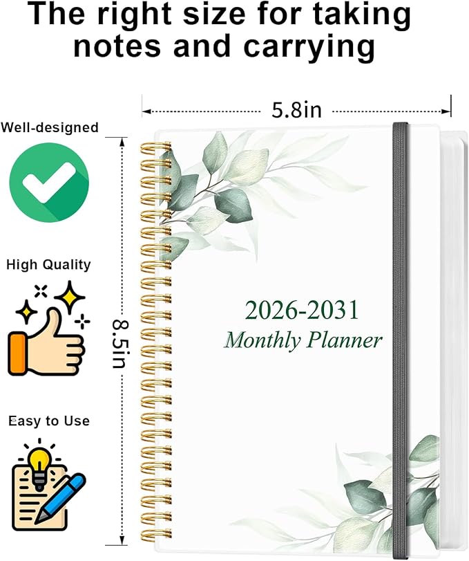 2026-2030 Monthly Planner - 60 Month PLanner Calendar from July 2026 to June 2031, 5 Year Planner 2026-2031 with Flexible Cover, Inner Pocket, Perfect for Home | School | Office, 5.8" x 8.5", Green Leaf