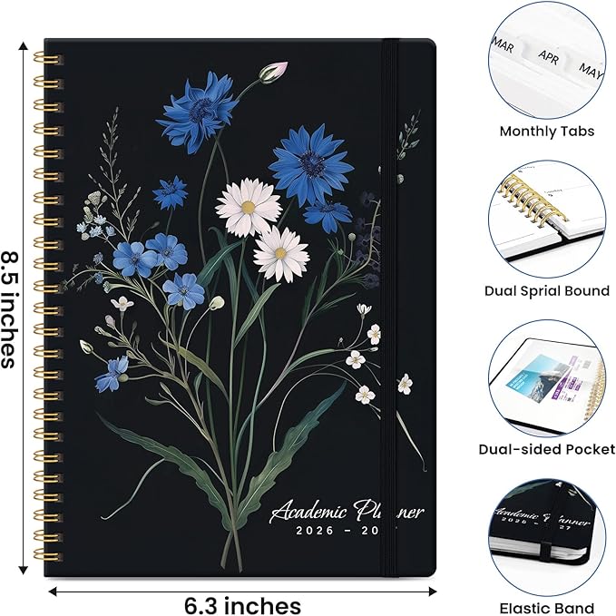 Planner 2026-2027, Monthly and Weekly Academic Planner July 2026 - June 2027, Hardcover Student Teacher Planning Agenda Calendar Book with Tabs, Perfect for Office School Supplies, A5 (6.3" x 8.5") - Floral Whispers