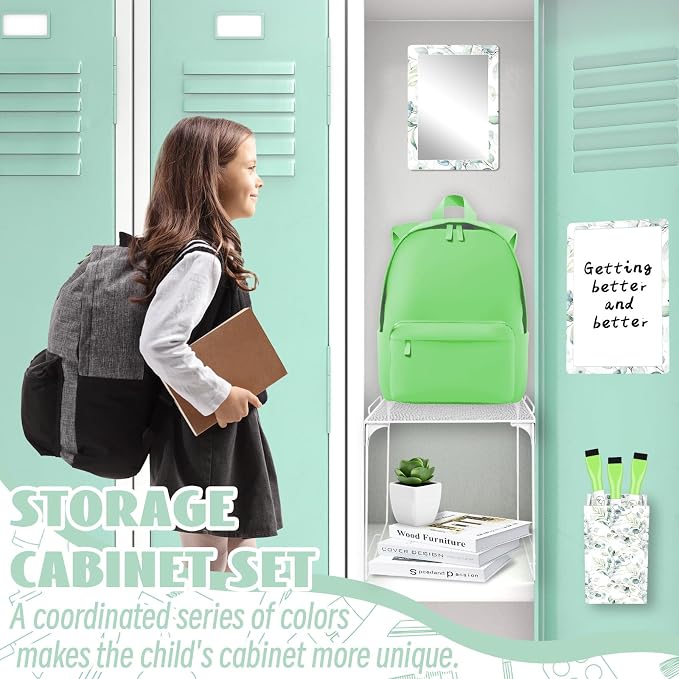 Denylo pro Magnetic Locker Accessories Kit Green Leaves Back to School Essentials Locker Organizer Supplies Include Mirror Whiteboard Pen Shelf Pencil Case Magnet Back to School Essentials