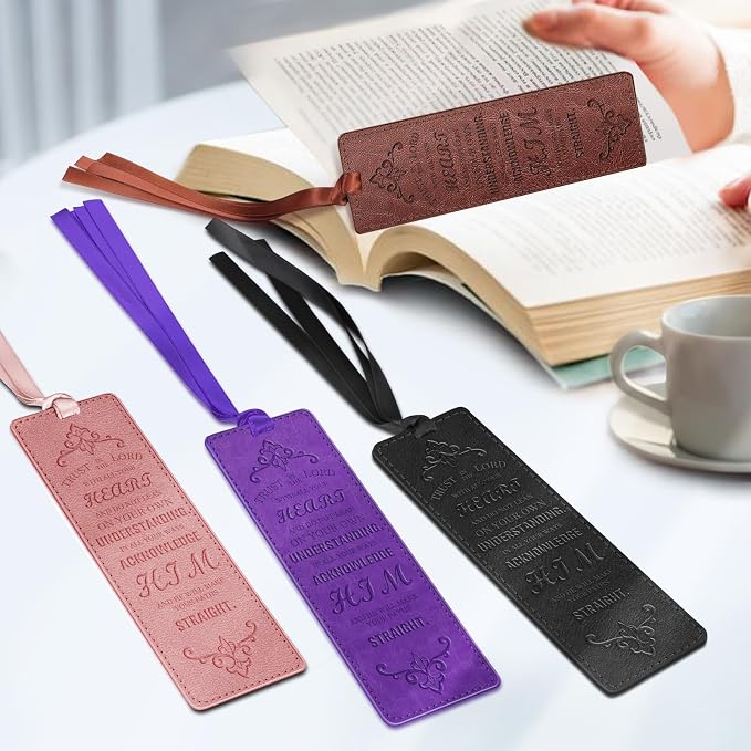 FINPAC Leather Bible Bookmarks, Vegan Religious Bookmarks, Bible Verse Book Markers Church Gifts for Women Men [Trust in The Lord with All Your Heart] - Pink