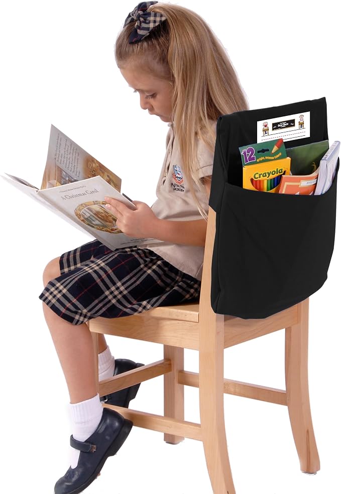 Seat Sack Student Chair Storage Pocket - 19", Classroom Chair Organizer for Student Desks, Durable Stretch Over-the-Chair Storage, Black, 1-Pack
