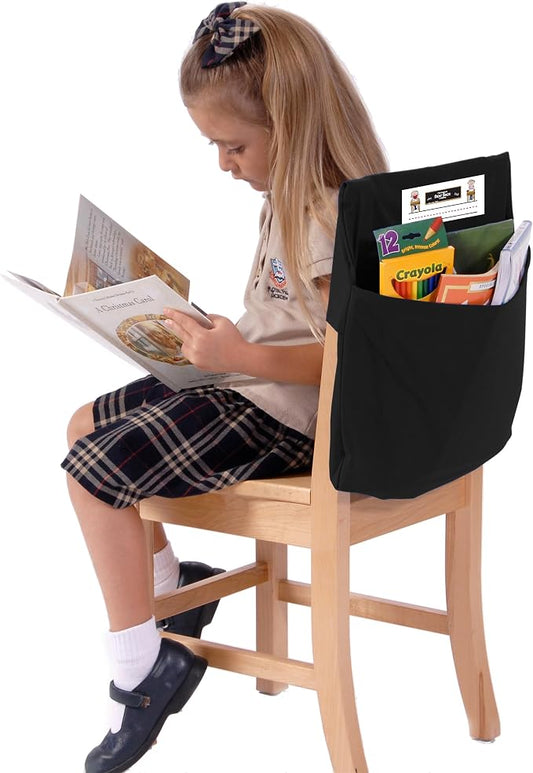 Seat Sack Student Chair Storage Pocket - 19", Classroom Chair Organizer for Student Desks, Durable Stretch Over-the-Chair Storage, Black, 1-Pack