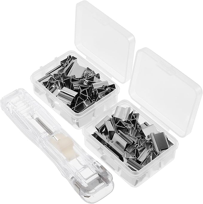 Reusable Portable Desktop Stapler with Clips, Small Office Paper Fastener for Documents, Includes 1 Stapler and 2 Plastic Clip Refills for School and Home Use