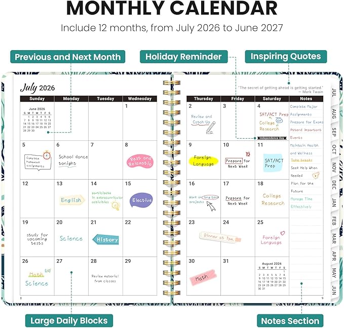 2026–2027 Academic Planner, Weekly and Monthly Planner for Women, July 2026 - June 2027, Pretty Hardcover 2026–2027 Academic Planner with Tabs, Inner Pocket, Spiral Bound, Perfect Office Home School Supplies - 6.3" x 8.5", Drifting Whales