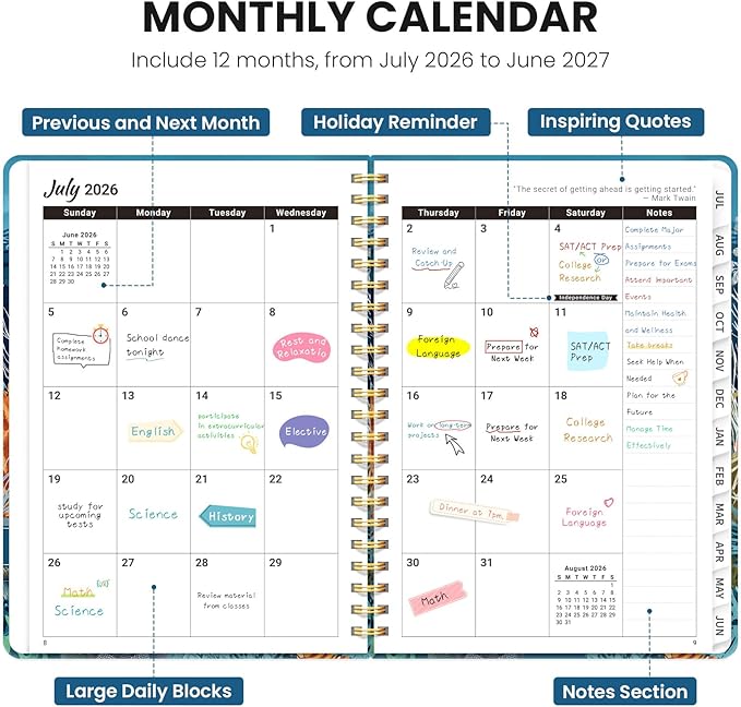 Planner 2026-2027, Monthly and Weekly Academic Planner July 2026 - June 2027, Hardcover Student Teacher Planning Agenda Calendar Book with Tabs, Perfect for Office School Supplies, A5 (6.3" x 8.5") - Deep Bearings