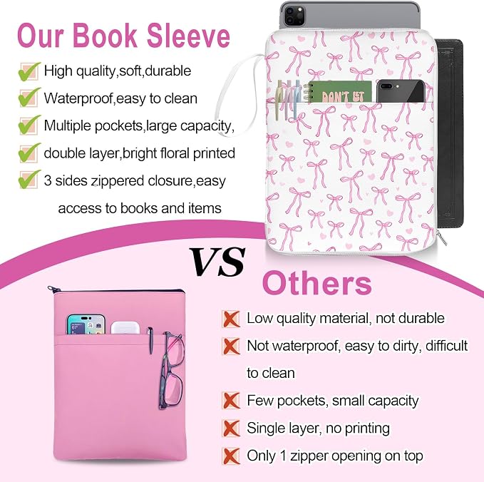 Pink Bow Printed Bible Book Sleeve with Pockets,Padded Protector Washable Book Covers,Books Pouch with Handle Zipper,Travel Book Carrying Case for Books Lover Hardcover,Mother's Day Christian Gifts