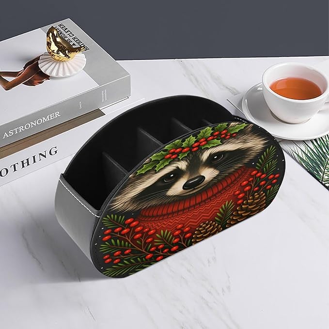 Christmas Raccoon Remote Control Holder with 5 Compartment PU Leather Multi Functional Desk Storage for TV Remotes Office Supplies