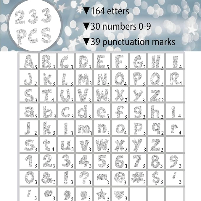 233Pcs Glitter Bulletin Board Letters, Numbers and Punctuation, with Adhesive Dots, for Classroom Numbers Alphabet Poster Board Letters Display School Decoration (Silver)