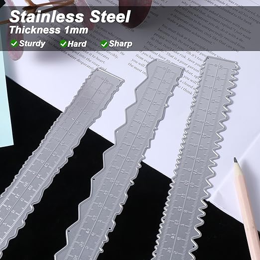 JJUNW 3 Pcs Deckle Edge Ruler Carbon Steel Metal Paper Tearing Ruler Craft Ruler for Cutting Paper to Wavy Line Jagged and Irregular Edges for School Office Architect and Drawing