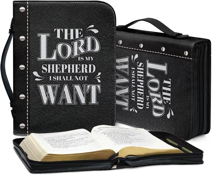 Retro Religious Style Cross Bible Case with Bookmark Waterproof Bible Cover Case for Women Lightweight Bible Bag with Handle Pockets Church Book Bag Black