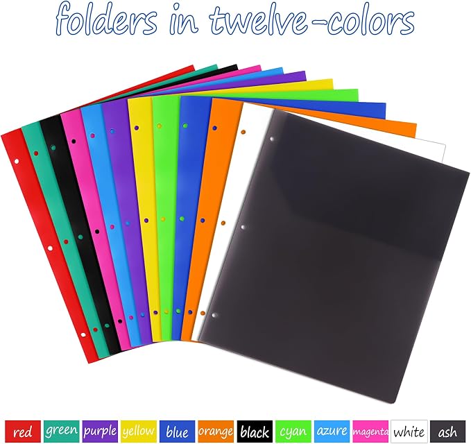 Feosky Folders with Pockets, Plastic 2 Pocket Folders, 2 Pockets Folder and 3 Hole for School, Home, and Office, 12 Assorted Colors