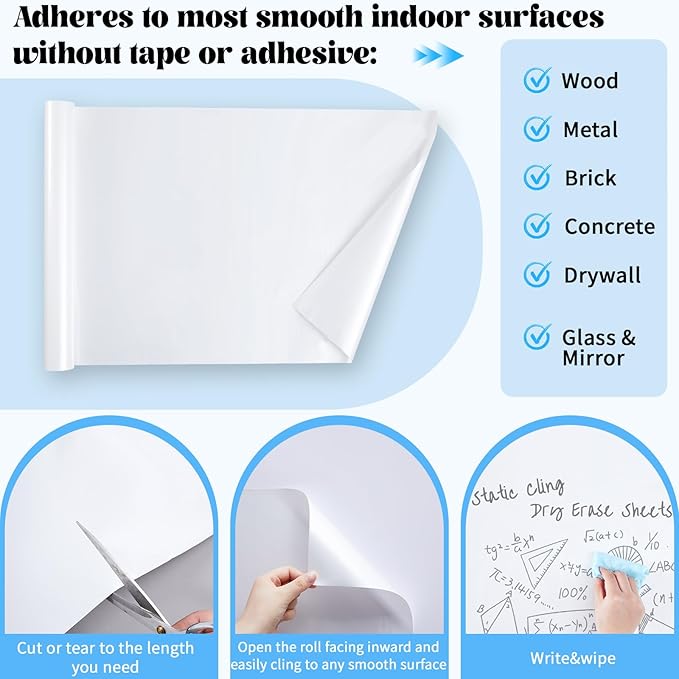24in x 100ft Static Cling White Board Dry Erase Wallpaper Sticker, Removable Reusable Whiteboard Paper for Wall, No Adhesive No Residue, Stain-Proof White Board Dry Erase Roll for Office, Classroom