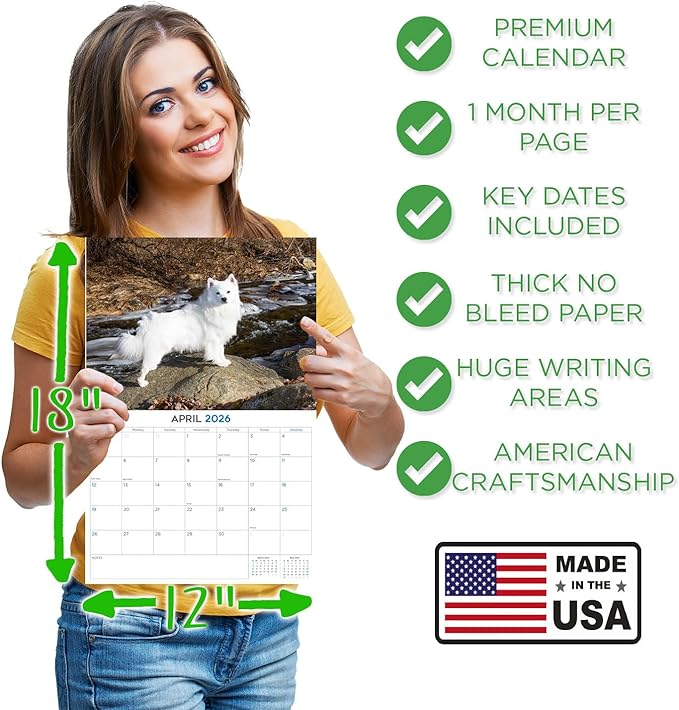2025 2026 American Eskimo Calendar - Dog Breed Monthly Wall Calendar - 12" x 18" Open - Thick No-Bleed Paper - Giftable - Academic Teacher's Planner Calendar Organizing & Planning - Made in USA