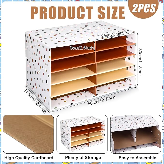 Colingmill 2 Pcs Boho Classroom Paper Storage Organizer Construction Paper Storage Desktop Mailbox File Sorter Literature Cardboard Organizer for Home Office School, 19.7 x 12.4 x 11.8 Inch
