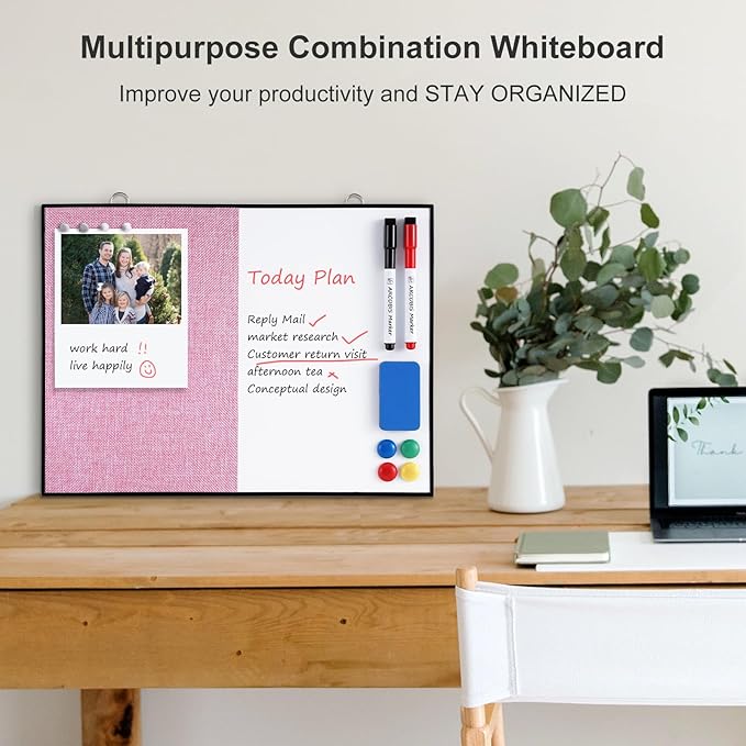 ARCOBIS Dry Erase Linen Board, 12"X16" Small Cork Board White Board Combination, Double-Sided Magnetic Bulletin Board for Wall, Vision Board for Home, Office, School, Pink