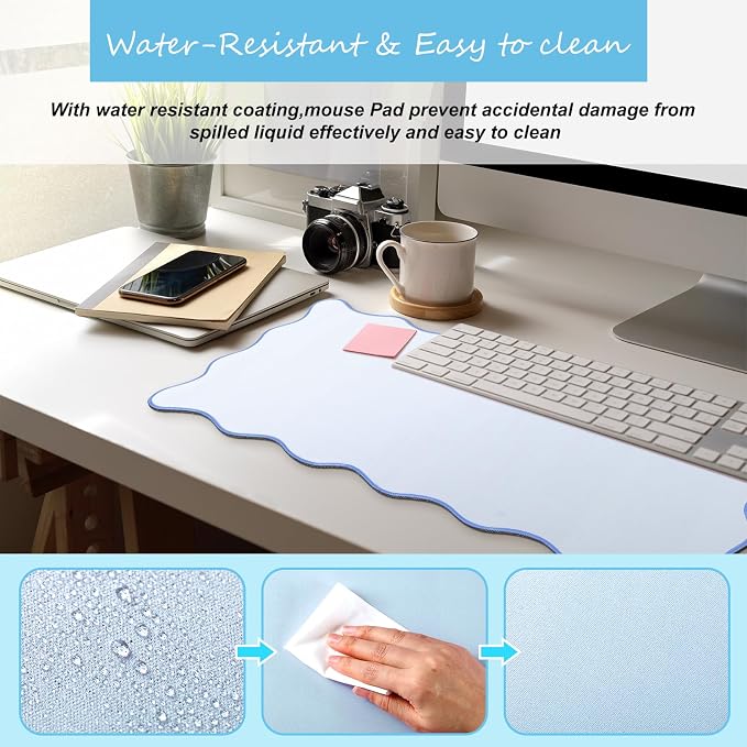 Hahafelt Scalloped Desk Mat Large Desk Pad Cute Coquette Table Mat Back to School Preppy Table Make up Pad Nonslip Graduation Gift with Stitching Waterproof Gaming(Blue,23.6 x 13.8 Inches)