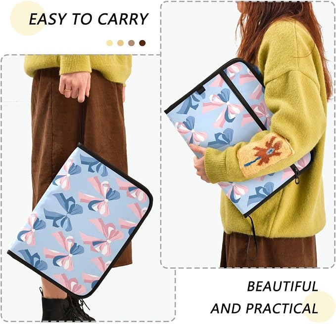 Expanding File Folder Pink Bow Blue Pattern Accordion File Organizer 13 Pockets Document Organizer with Zipper Labels A4 Letter Office Storage