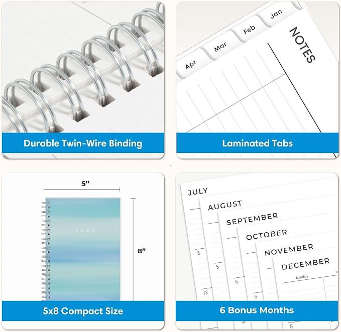 Blue Sky 2027 Weekly and Monthly Planner Calendar, January 2027 - December 2027, 5" x 8", Flexible Frosted Cover, Laminated Tabs, Durable Twin Wire Binding, Chloe