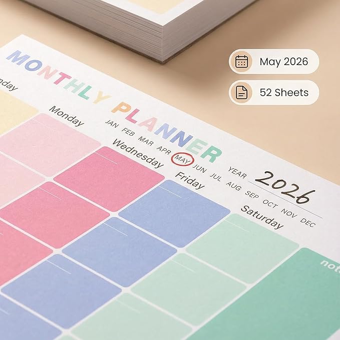 Monthly Planner Notepad - Undated 52 Sheets Desk Calendar, A4 (8"x11") Planning Pad for Office, Home, School, Fitness, Meal & Project Organization