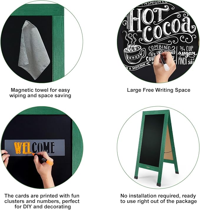 Large Sandwich A-Frame Chalkboard Sign - 40 x 20 Inches Green Magnetic Wooden Chalk Board for Sidewalk, Stand up Double-Sided Outdoor Easel Display for Restaurant Cafe Shop Wedding Party or Business